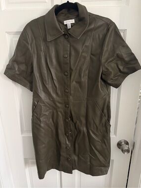 Topshop Faux Leather Button-Front Short Sleeve Dress - Olive